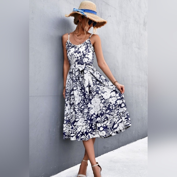Chic Floral Ruffle Tie Belt Midi Spaghetti Straps Summer Dress Navy Blue - Picture 1 of 11